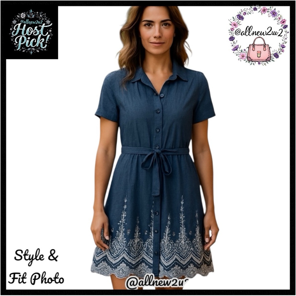 ECI Lace Trim Denim Shirtdress Chambray Buttoned Polo Collar